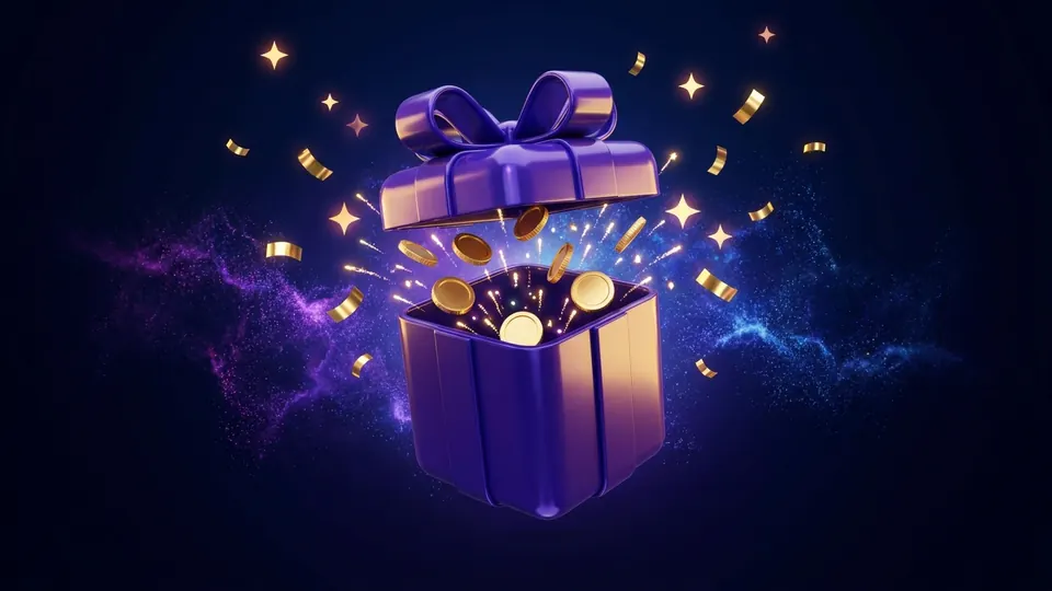 Caja de regalo violeta con monedas de oro: bono del 100% en el primer depósito