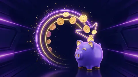 Monedas volviendo a una alcancía violeta: cashback semanal