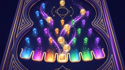 Plinko: bolas doradas cayendo entre clavijas