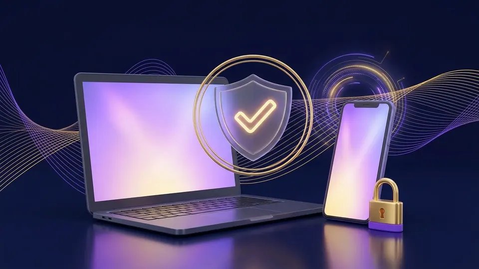 Laptop y celular con escudo de verificación: registro seguro paso a paso